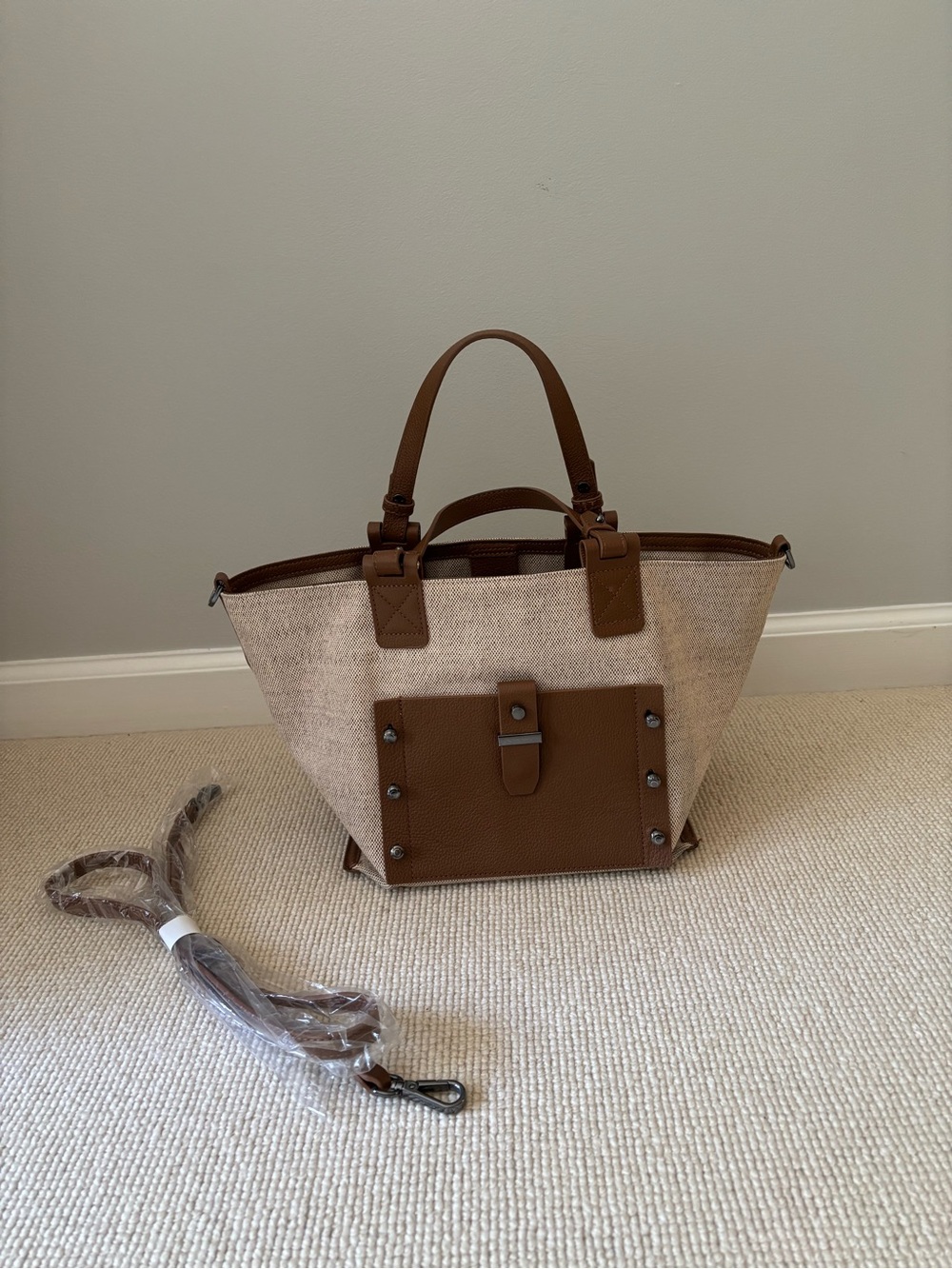 Botkier Two-Tone Brown & Cream Canvas Leather Tote